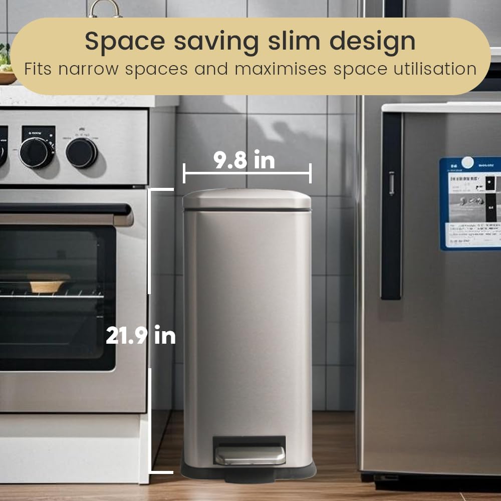 30L/Slim 8 Gallon Stainless Steel Trash Can with Soft-Close Lid & Removable Inner Bucket, Fingerprint-Proof, Odor-Controlled Kitchen Bathroom & Office Waste Bin, Grey