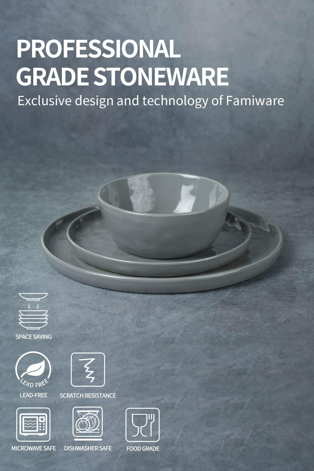 Famiware Mars Plates and Bowls Set, 18 Pieces Dinnerware Sets, Dishes Set for 6, Dark Gray