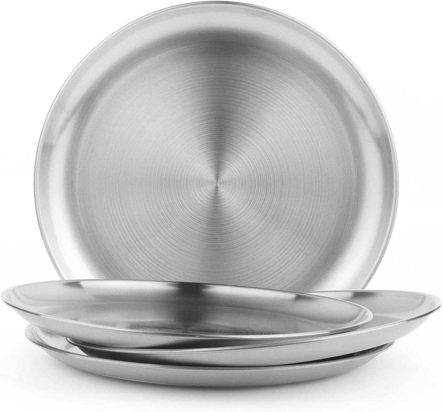 4-Piece 9" Stainless Steel Plates, Metal Round Dinner Dishes for Adults, Reusable and Dishwasher Safe, Serving Camping Salad Plate for Home, Outdoor Camping, Snack and BBQ