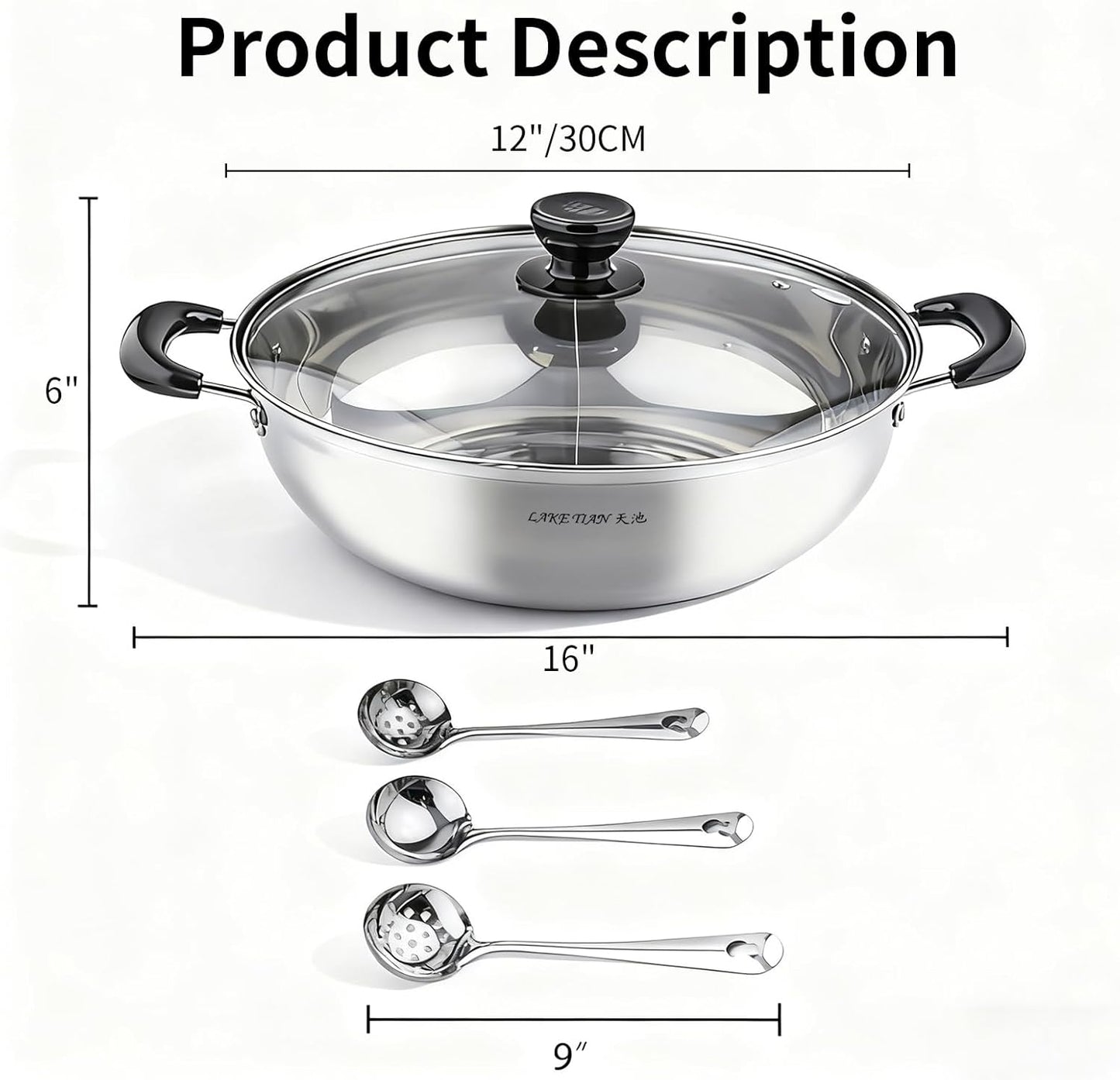 Stainless Steel Shabu Shabu Hot Pot, Dual Sided Yin Yang Hot Pot with Divider Include 3 Pot Spoons, 12 Inch 30 cm鸳鸯火锅