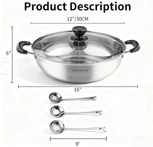 Stainless Steel Shabu Shabu Hot Pot, Dual Sided Yin Yang Hot Pot with Divider Include 3 Pot Spoons, 12 Inch 30 cm鸳鸯火锅