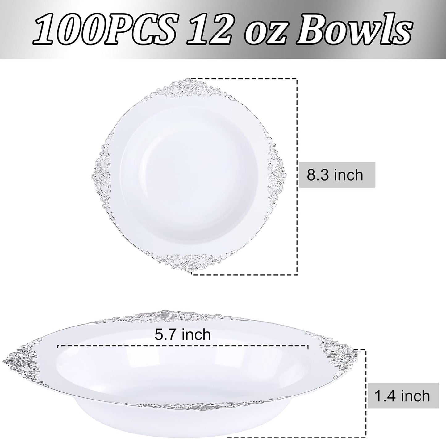 100PCS Silver Plastic Bowls - 12 oz Silver Disposable Salad Bowls - Heavy Duty Disposable Soup Bowl - Fancy Plastic Ice Cream Bowl for Weddings Parties Dinners Picnics