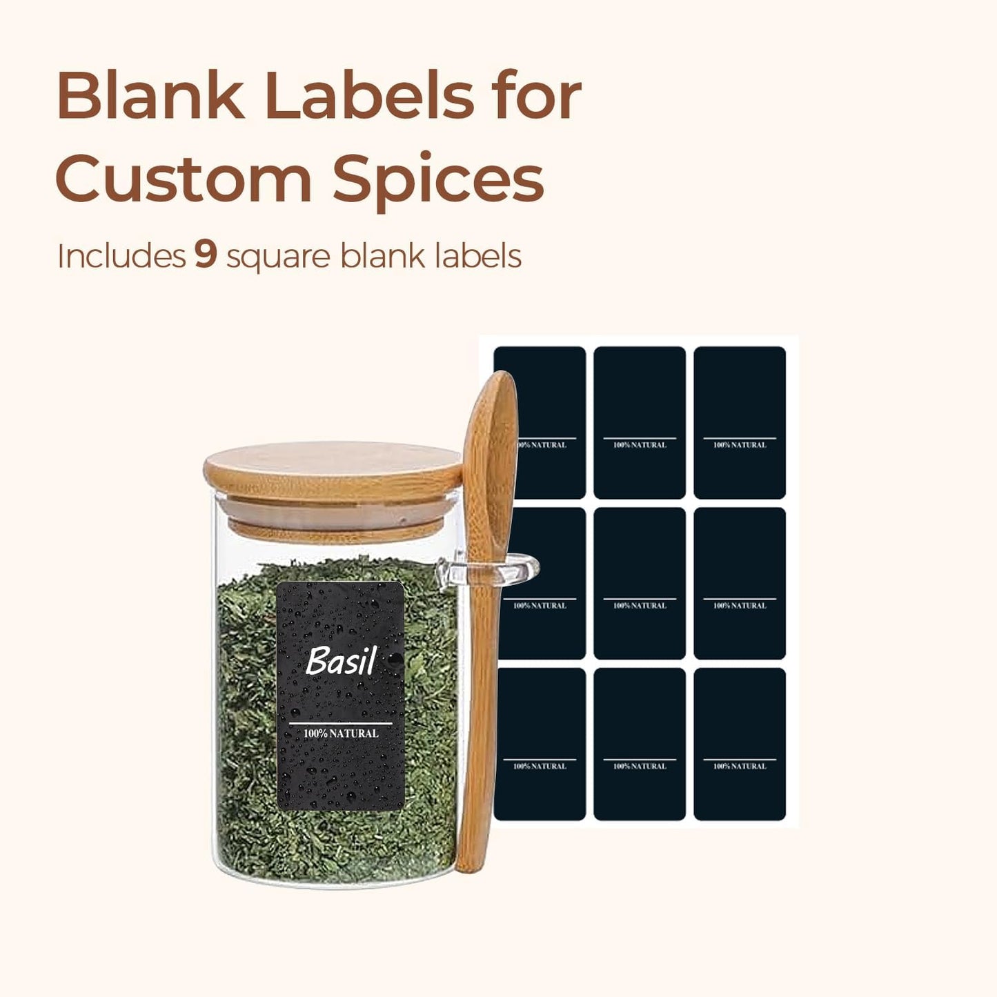 ComSaf Spice Jars with Spoon 8 oz 6Pack, Small Spice Containers Starter Set, Glass Seasoning Jars with Labels, Round Seasoning Containers for Salt, Pepper, Chili Powder, Sugar, Loose Tea Storage