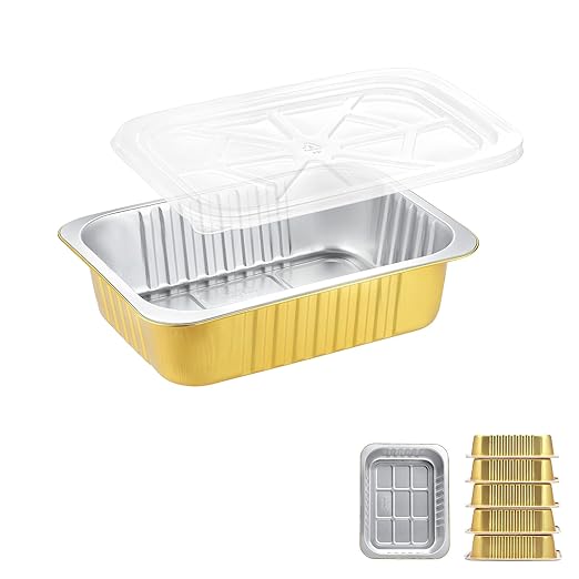 9"x 6.5" Sturdy Aluminum Foil Pans with Lids (5 Pack), 2X Thicker Heavy Duty for Oven Stove Grill Microwavable Cooking, Baking, Reusable Dishwasherable Disposable Pot, Container 47oz