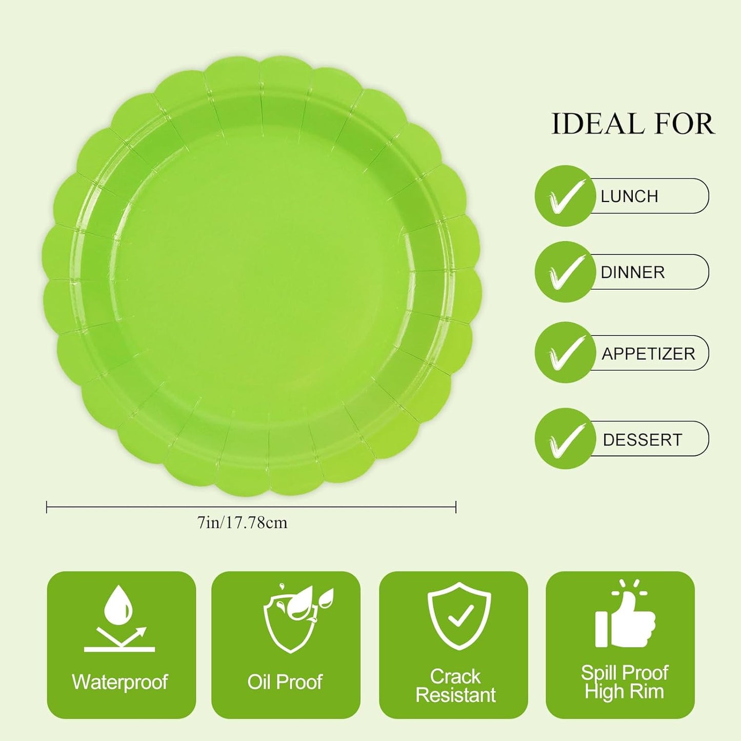 50Pcs Bright Green Paper Plates-7 Inch Solid Color Scalloped Design Birthday Dinnerware Set Disposable Dinner Party Supplies for Wedding Baby Shower Table Decor Pininc Fall Party Decor