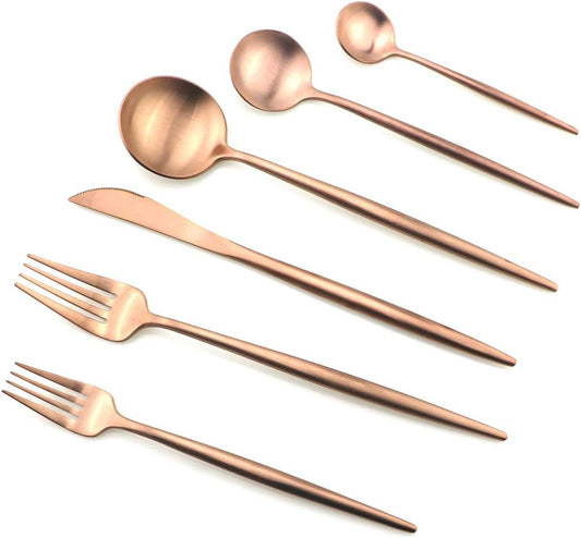 Gugrida Luxury Silverware Royal Cutlery Set - 24 Piece Flatware Set - Service For 4 18/10 Stainless Steel - Matte Rose Gold Finish w/Drinking Straw