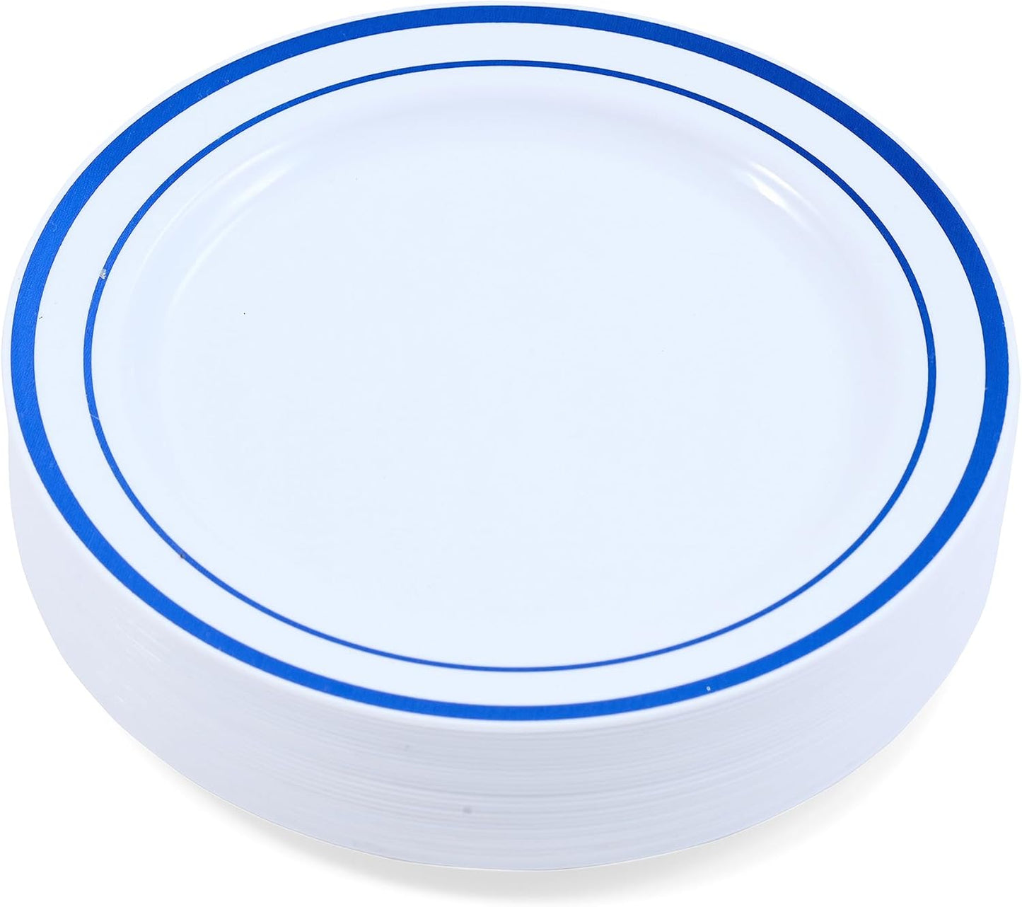 120-Piece Salad Plastic Plates Set - Premium Disposable Plates for Party - White with Blue Rim