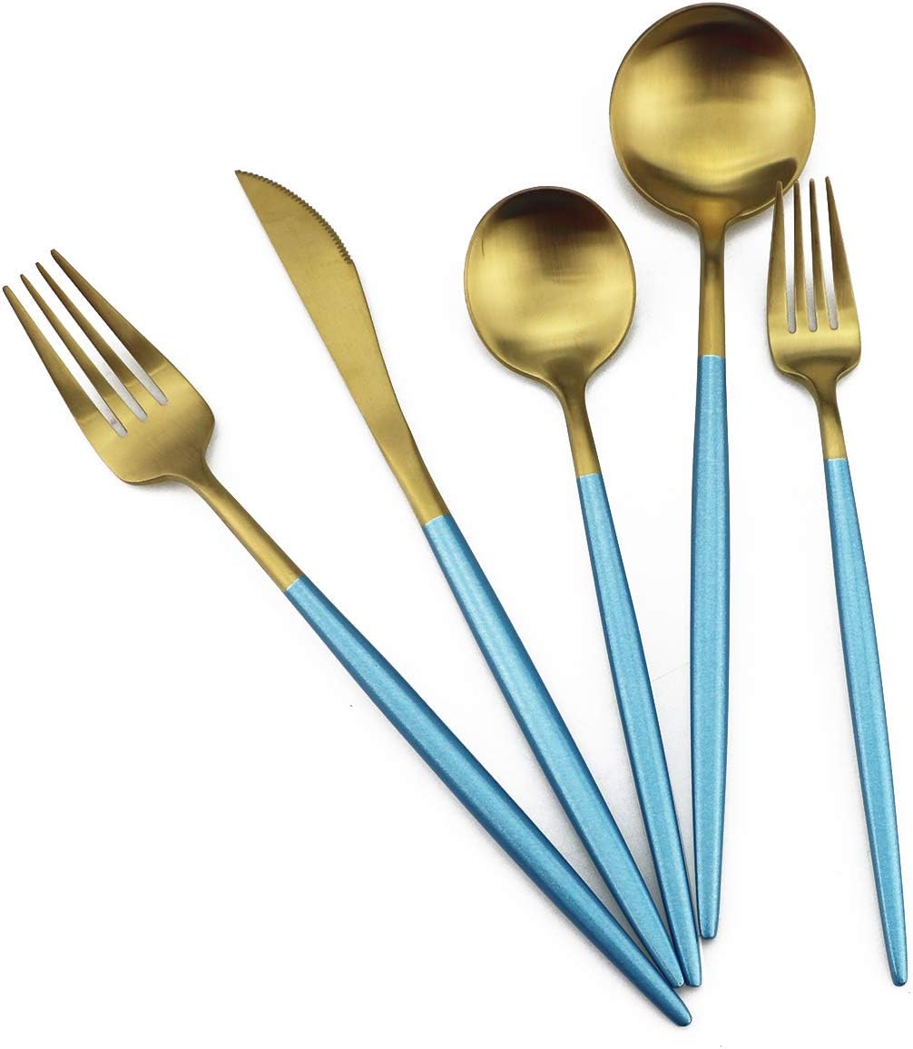 Gugrida Blue Gold Flatware, Royal 20 Piece Matte Blue Handle 18/10 Stainless Steel Tableware Sets for 4 Including Forks Spoons Knives, Camping Silverware Travel Utensils Set Cutlery (Blue Gold)