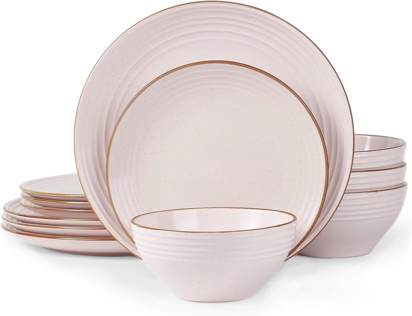 Famiware Jupiter Dinnerware Set, Plates and Bowls Dish Sets for 4 (12 Pieces), Microwave and Dishwasher Safe Stoneware Speckled Tableware, Chip and Scratch Resistant, Light Pink