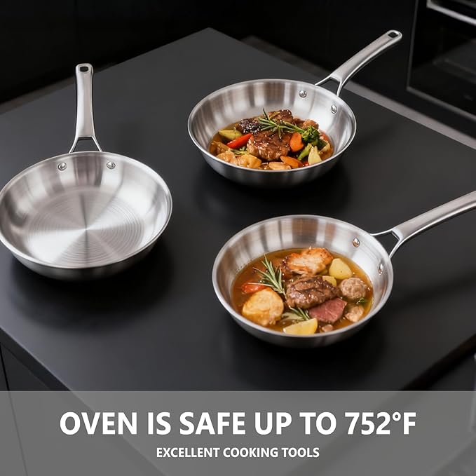 Bonnlo 5 Pieces Cookware Set, 3-Ply Stainless Steel Skillets Set with Lids, Chef's Pan Kitchen Set, Oven & Dishwasher Safe, Induction Cooking Set, PFOA & PTFE Free, Compatible for All Cooktops