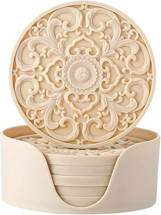 Colinda Silicone Coasters - Set of 6 with Holder, Non-Slip Cup Mats for Hot and Cold Drinks, Decorative Designs, Gift Ready Packaging,Beige