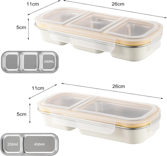 Stainless Steel Snack Containers, 2 Pack Leak-Proof Reusable Snack Containers with Lids, 2 Compartment & 3 Compartment Divided Food Storage Containers, 24 Oz, for School, Work, Outdoor, Travel