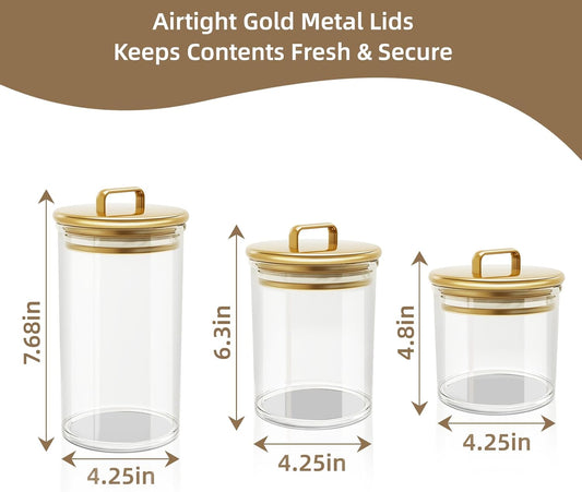 3-Pack Clear Storage Jars with Gold Lids | PET Airtight Containers for Bathroom, Vanity, Kitchen | Decorative Candy Jar, Bath Bomb Holder, Cotton Ball Organizer