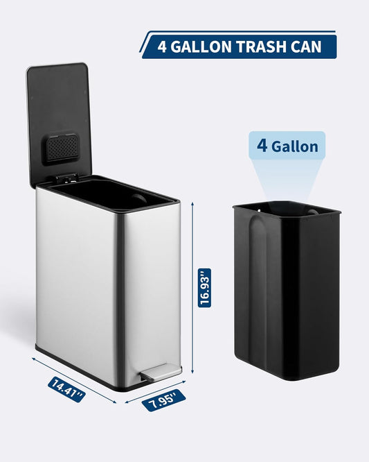 4 Gallon Stainless Steel Trash Can with Soft Close Lid, Step-on Bathroom & Kitchen Garbage Bin, Compact Slim Design with Removable Inner Bucket for Office, Living Room