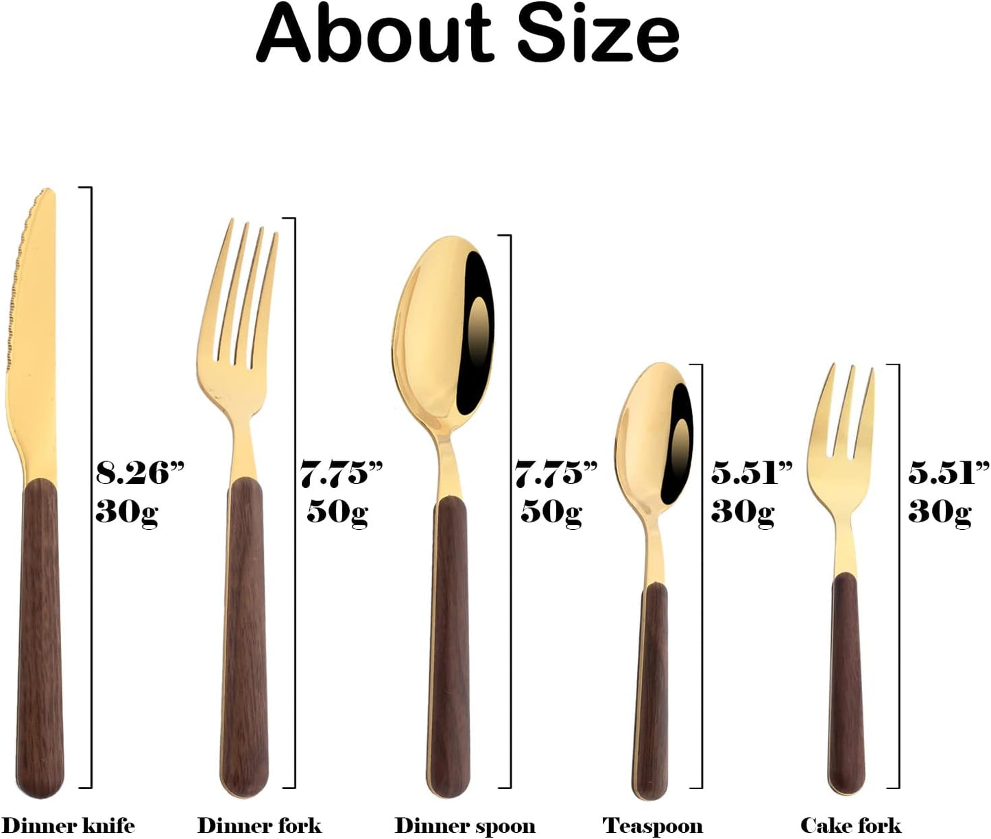 JASHII Wood Handle Flatware Set, 20 Pieces Stainless Steel Silverware Cutlery Set, Mirror Polished, Round Knife Fork Spoon Set, Dishwasher Safe - Round Head Gold