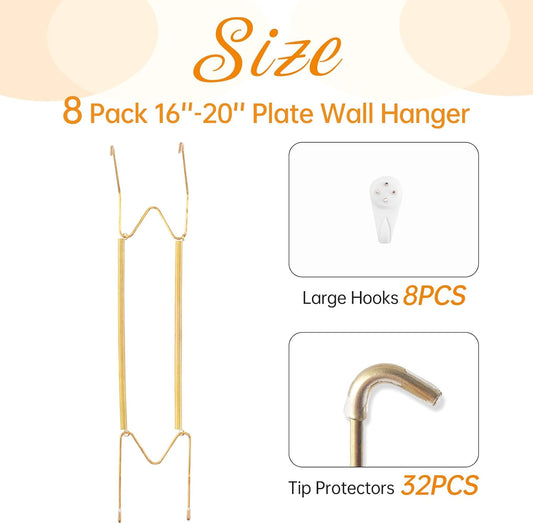 Bilillo 8 Pack Plate Hangers for the Wall, Suitable for 16-20 inch Art Plate, Stainless Steel Invisible Heavy Duty Wire Plate Holder with Wall Hooks, Plate Hangers for Displaying Plates, Platter, Dish