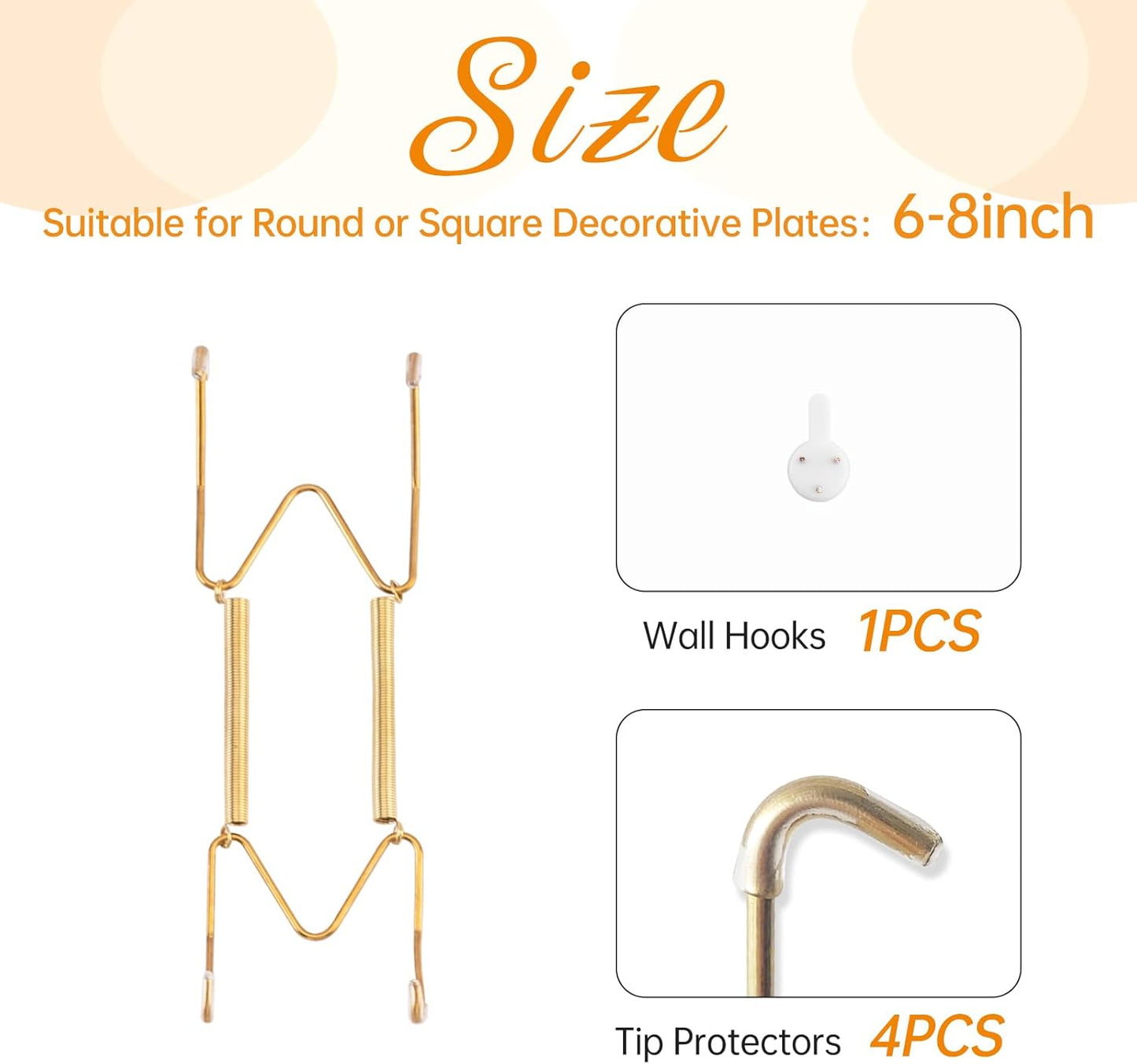 Plate Hangers for The Wall, Suitable for 6-8 inch Decorative Plate, Stainless Steel Wire Plate Holder with Wall Hooks and Rubber tip Protectors, Plate Hangers for Displaying Plates, Platter, Gold