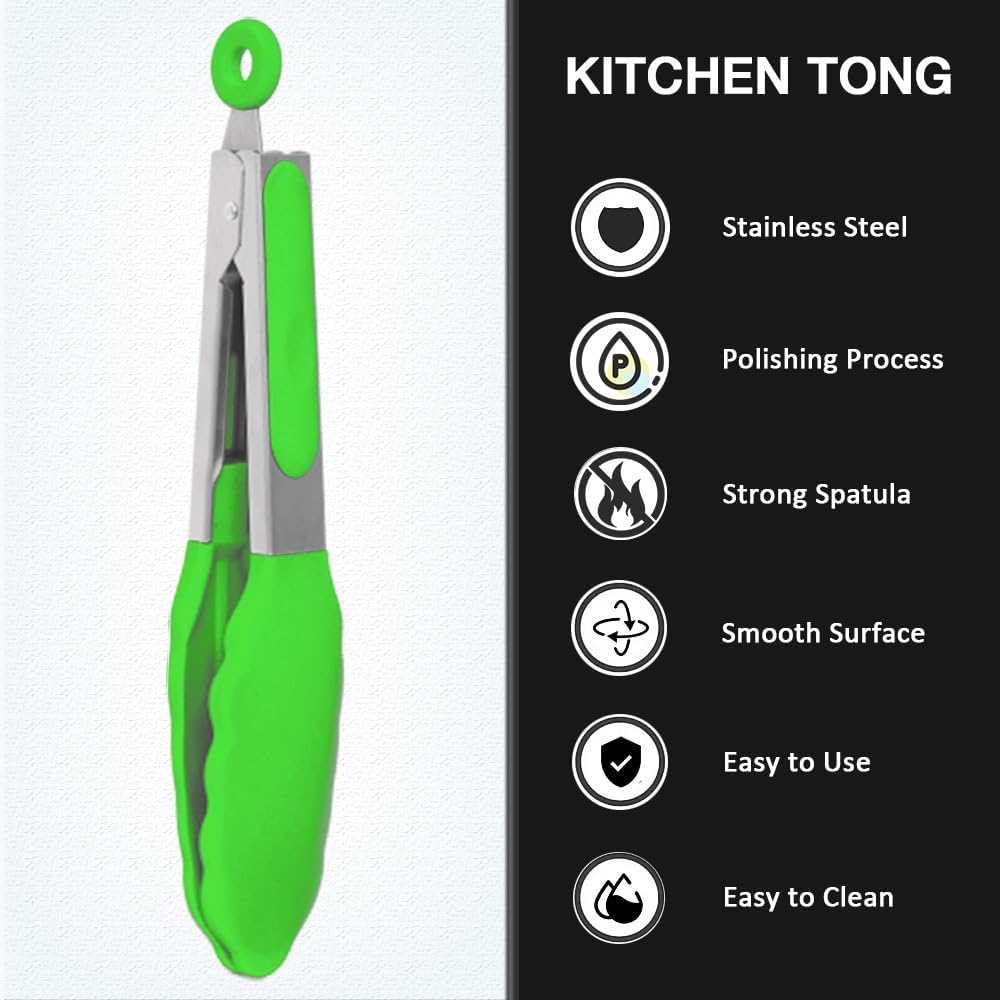 Small Silicone Serving Tongs Set of 3, Mini Tongs (7 inch) with Silicone Tips and Stainless Steel Handle, Great for Salads, Steaks, Vegetables