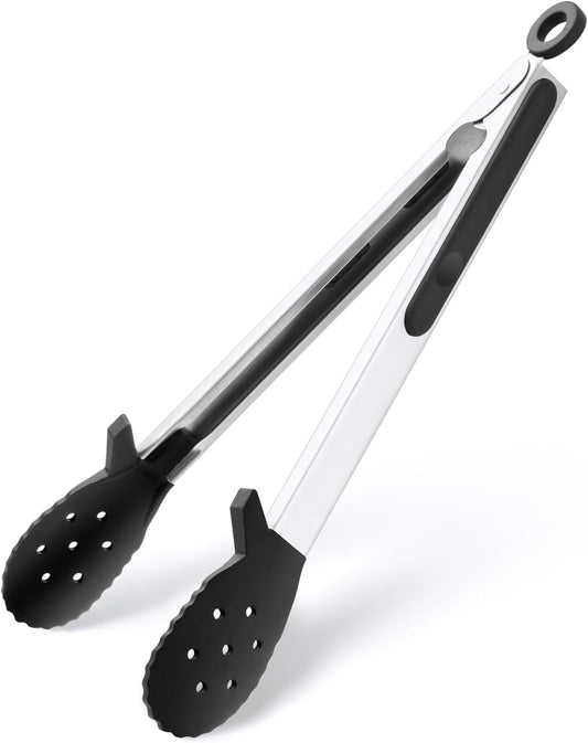 12 Inch Silicone Cooking Tongs, 600ºF Heat Resistant Kitchen Tongs with Silicone Tip & Integrated Tool Rests for Cooking, Grilling, Tossing Salad, Serving Food, Non-Stick & Dishwasher Safe (Black)