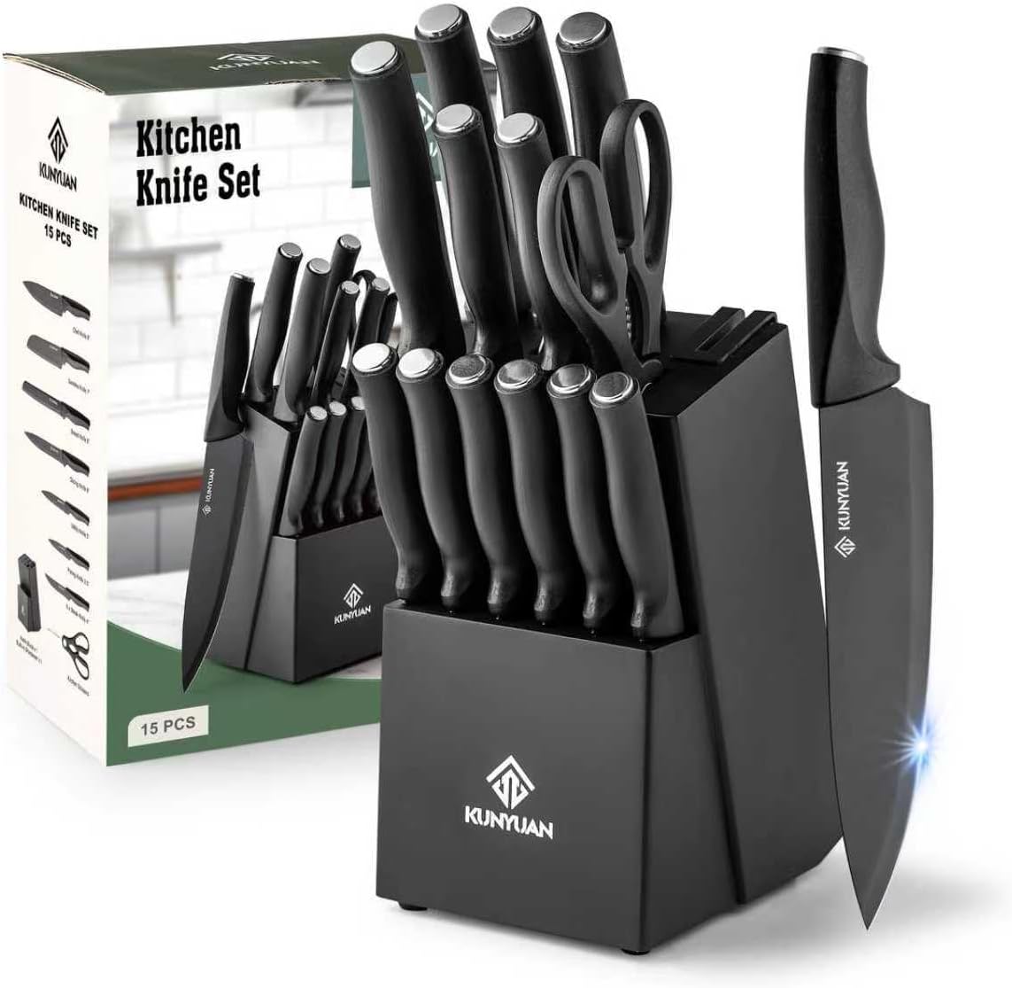 KUNYUAN Kitchen Knife Set, 15-Piece Knife Set with Self-Sharpening Block, Ergonomic Design, 6 Steak Knives, Anti-Slip Handle, Black
