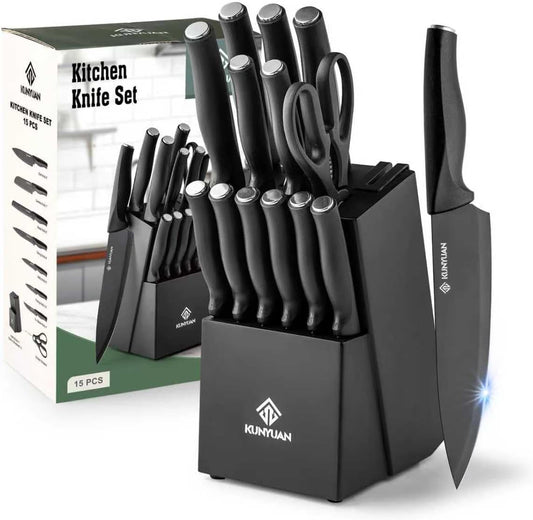 KUNYUAN Kitchen Knife Set, 15-Piece Knife Set with Self-Sharpening Block, Ergonomic Design, 6 Steak Knives, Anti-Slip Handle, Black