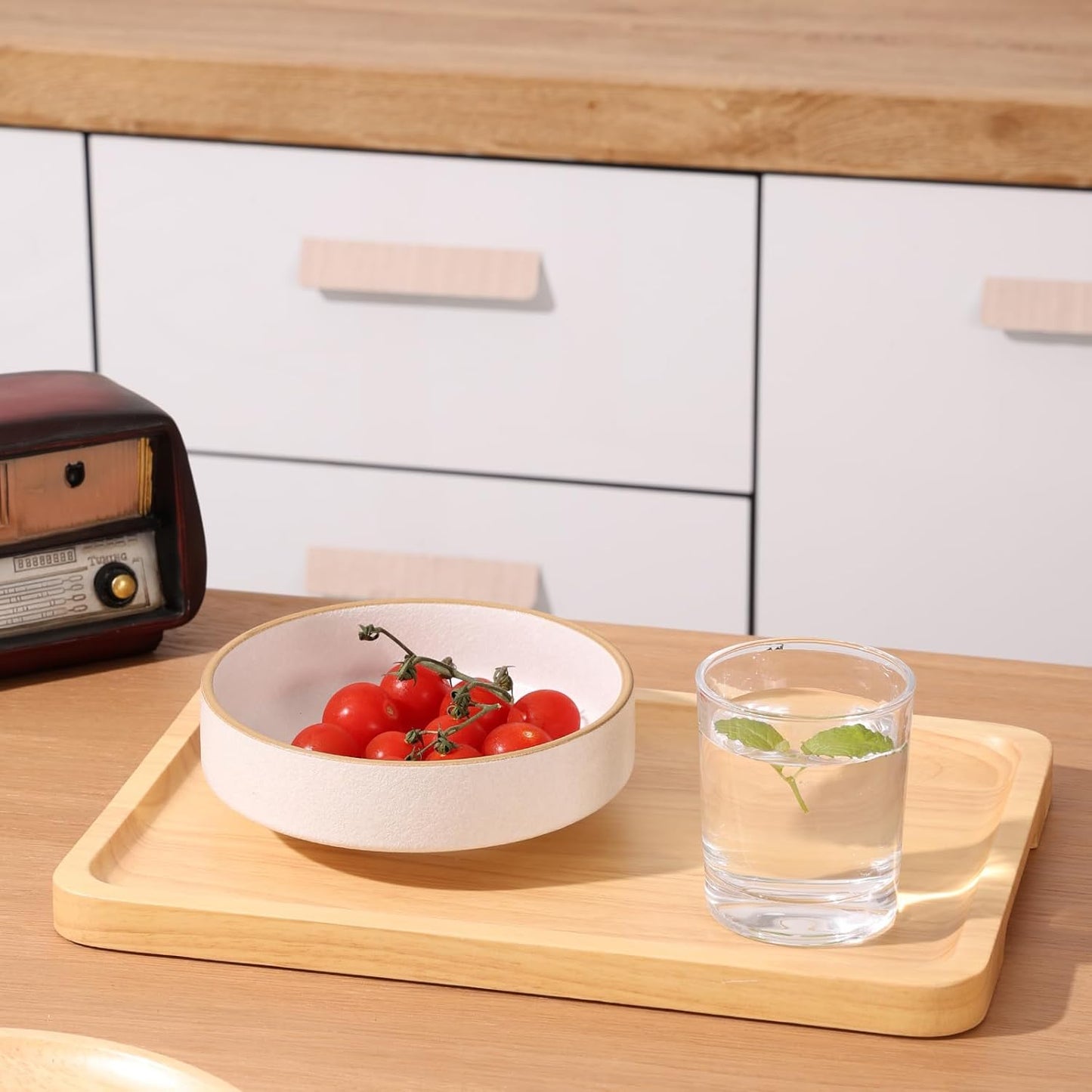 Rectangular Wooden Serving Tray, 12.6" x 8.7" with Side Handles, Natural Solid Wood Platter for Bread, Fruits, Snacks & Dessert, Modern Rustic Easy-to-Carry Tray for Home & Kitchen Use