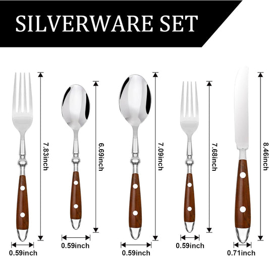 5-Piece Silverware Set, Stainless Steel Flatware Set, Service for 1, Vintage Cutlery Set with Wooden Color Bakelite Handle, Dishwasher Safe