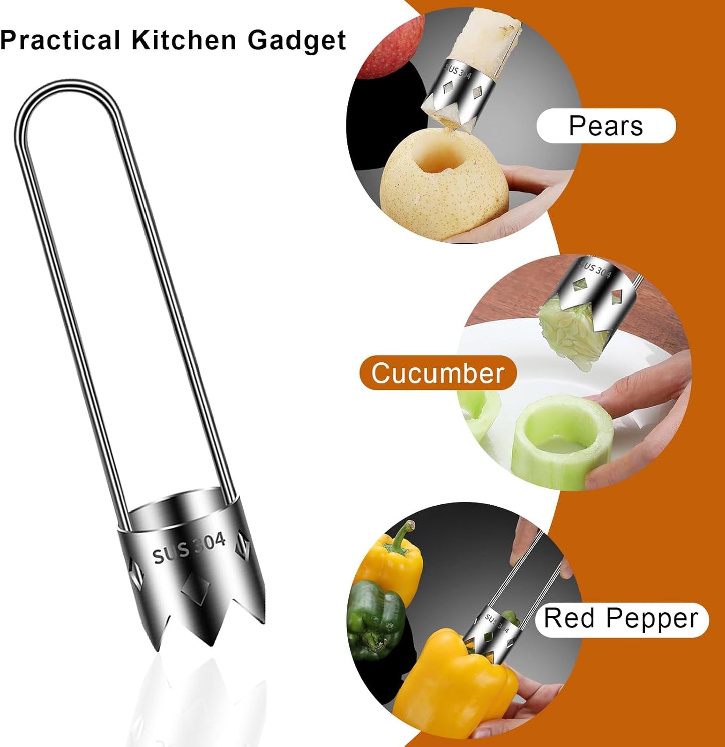 Red Bell Pepper Corer - Pepper, Pineapple, Pear, Apple Corer - 304 Stainless Steel, Rust Resistant, Designed for a Wide Range of Fruits and Vegetables - Easy to Clean