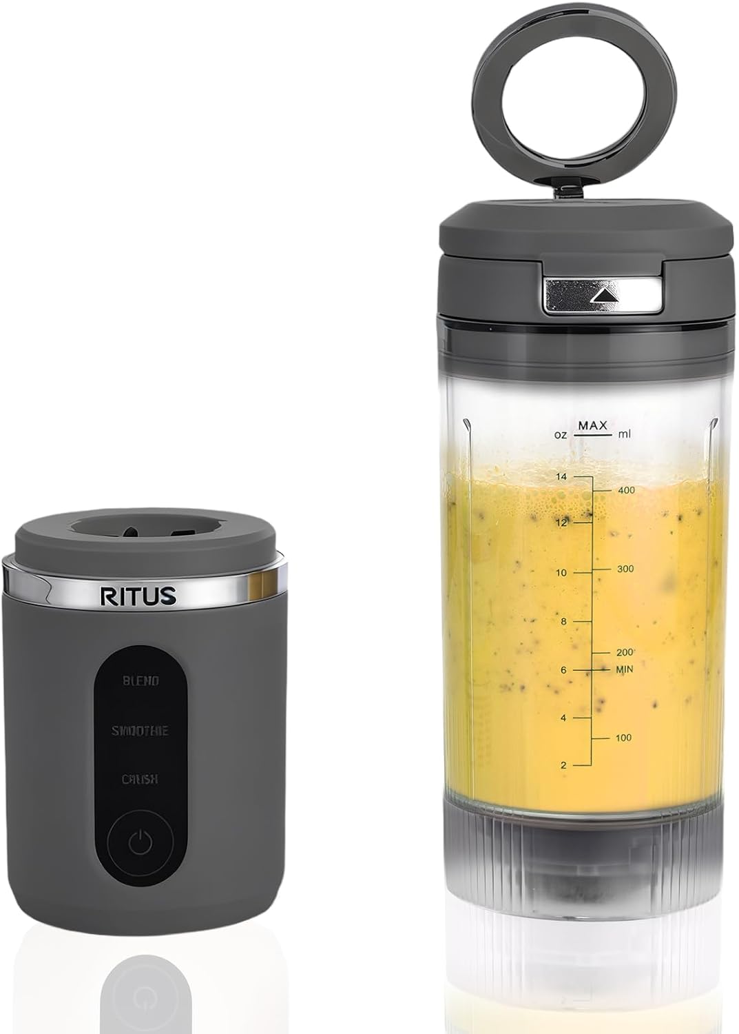 RITUS VORTEX Pro Portable Blender,Personal Blender w/Removable Vessel-for-Smoothies Blend Ice Crush 3 Programs,Cordless 20oz BPA Free Vessel Magnetic-Ring Dishwasher Safe, Leakproof，Grey