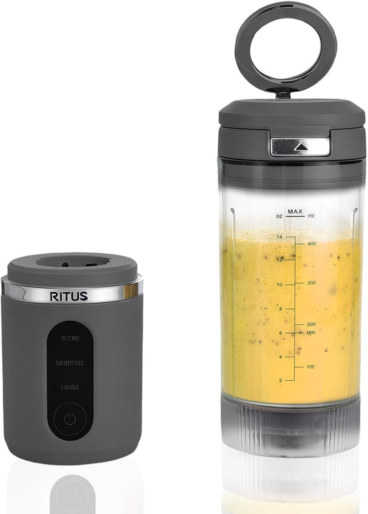 RITUS VORTEX Pro Portable Blender,Personal Blender w/Removable Vessel-for-Smoothies Blend Ice Crush 3 Programs,Cordless 20oz BPA Free Vessel Magnetic-Ring Dishwasher Safe, Leakproof，Grey