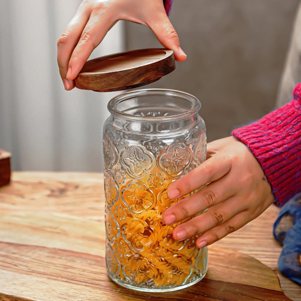 ANSQU Vintage Glass Storage Jar, Glass Canister Storage Jar Container with Airtight Wooden Lid for Kitchen Counter, Pantry, Coffee, Tea, Sugar, Cookie Jars (Round-Begonia)