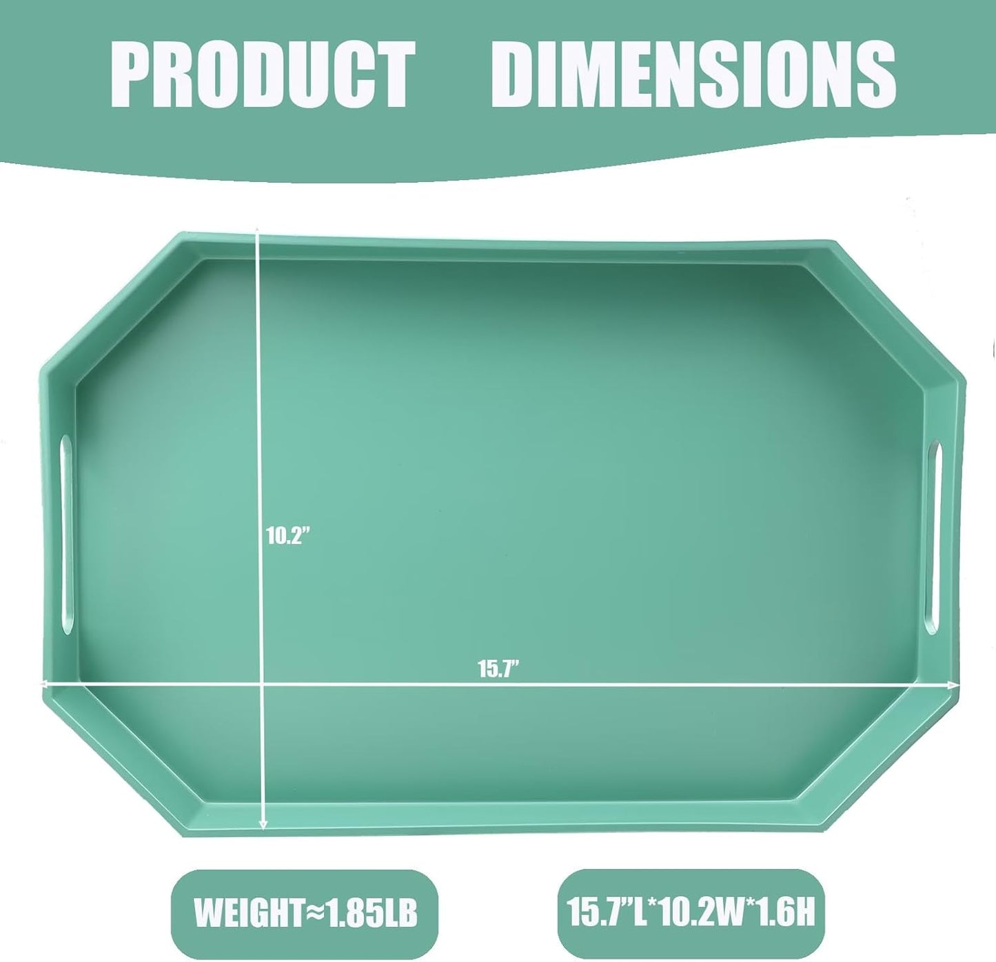 Green Octagonal Serving Tray with Handles for Coffee Table, Plastic Decorative Tray for Ottoman, Kitchen Counter, Living Room, Outdoor Lacquer Tray for Entertaining