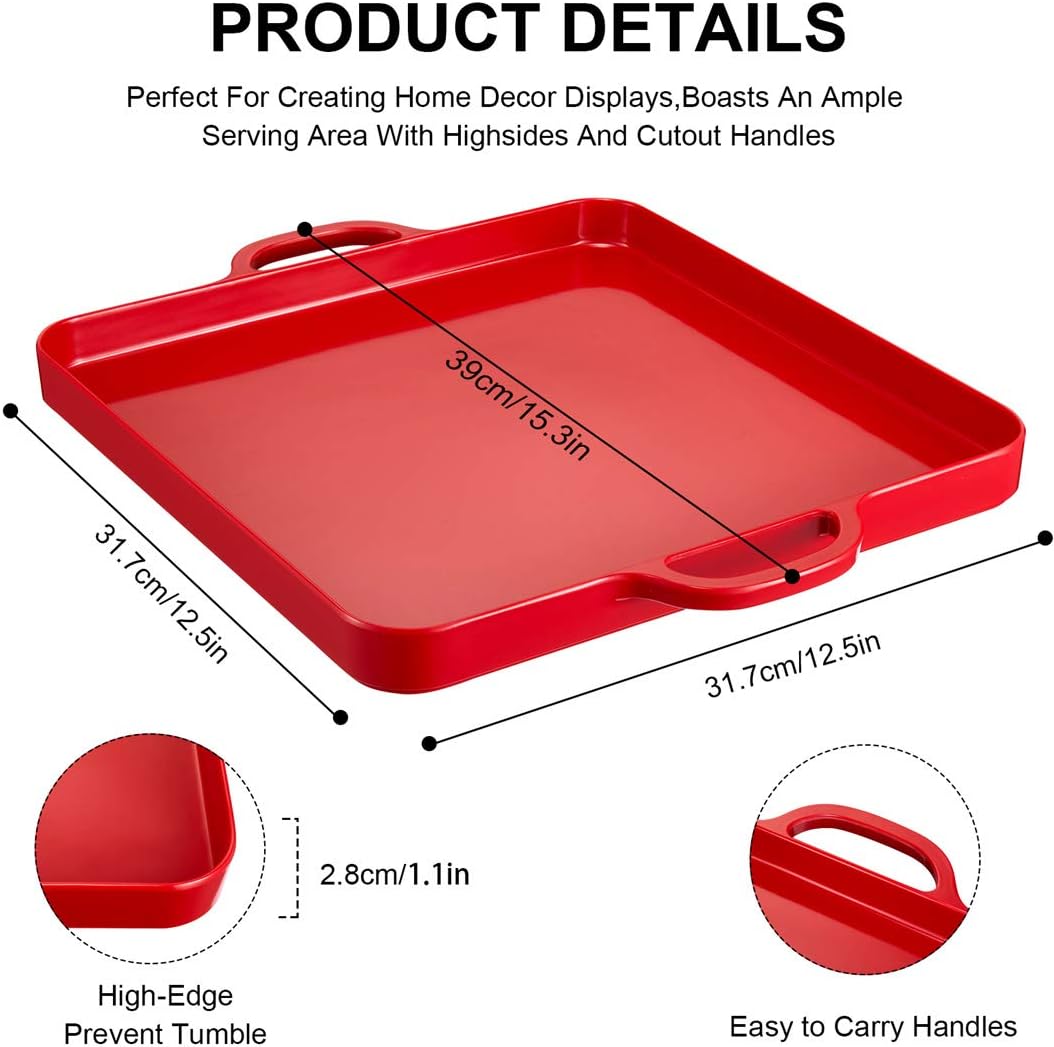 Square Serving Trays with Handles Melamine Red 12.5x12.5 Inch Spill Proof Kitchen Eating Trays Set of 2 for Cafeteria Cafe Food Appeizer Dessert Snack Dinner Lunch Breakfast,TR17-02
