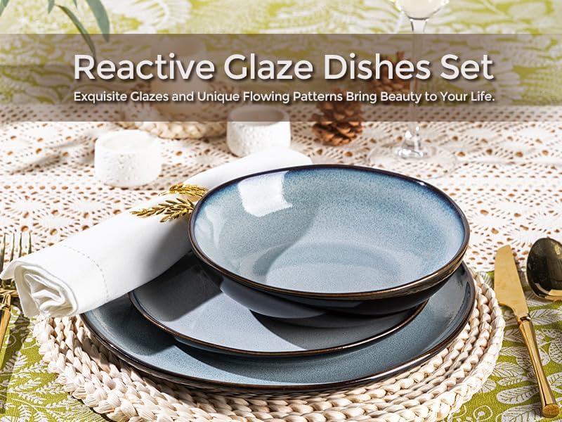 LeRatio Ceramic Dinnerware Sets for 4,Wavy Reactive Glaze Stoneware Plates and Bowls Sets,Highly Scratch Resistant | Dishwasher & Microwave,Oven Safe Dishes Set(12PCS)