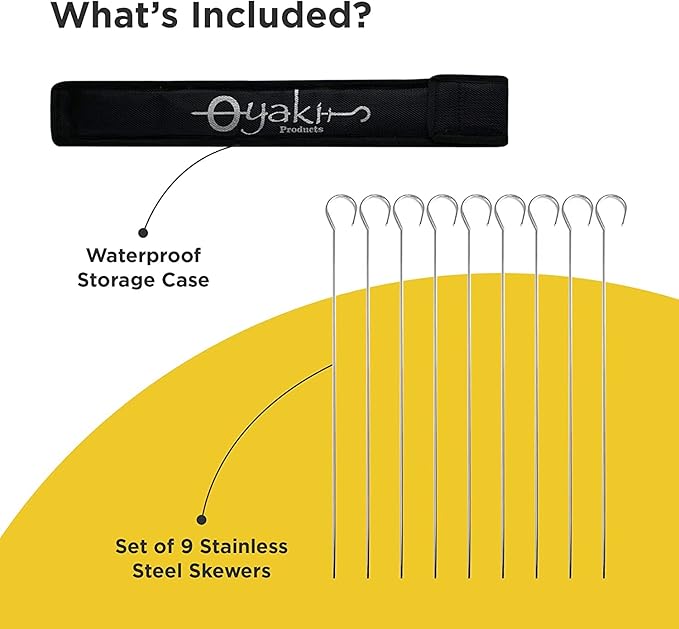 O-Yaki Flat Metal Kabob Skewer for Grilling – Set of 8 BBQ Skewers Stainless Steel with Storage Bag, Dishwasher Safe Skewers with Hook Handle & Sharp Tip for BBQ, Cookouts & Oven Use – 10 Inch