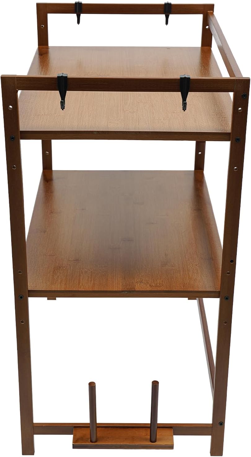 Shelves Organizers for Kitchen,2-Tier Bamboo Kitchen Countertop Organizer Shelves with 4 Hooks,Kitchen Storage Rack Countertop,Spice Rack Organizer,Bathroom Countertop Organizers and Storage,Tawny