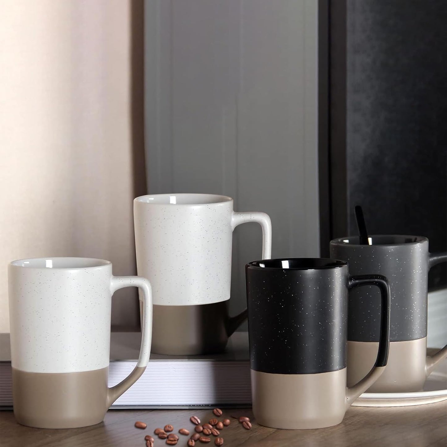 16 OZ Speckled Large Coffee Mugs Set of 2, Tall Ceramic Tea Cups with Handle, Big Beer Bulk Cup for Porcelain Cup or Mug Lovers DIY Gifts, Black