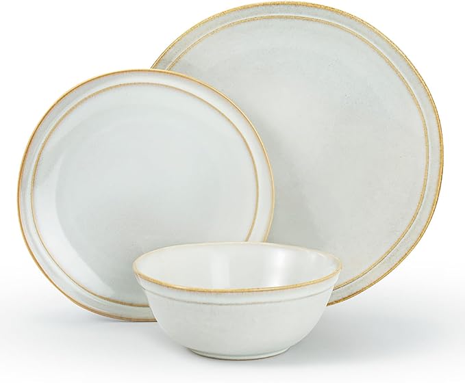 Famiware Aegean Dinnerware Set for 6, 18-Piece Plates and Bowls Sets, Stoneware Scratch Resistant Dinner Set, Handmade Irregular Round Dishes, Microwave and Dishwasher Safe, Cappuccino White