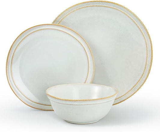 Famiware Aegean Dinnerware Set for 6, 18-Piece Plates and Bowls Sets, Stoneware Scratch Resistant Dinner Set, Handmade Irregular Round Dishes, Microwave and Dishwasher Safe, Cappuccino White