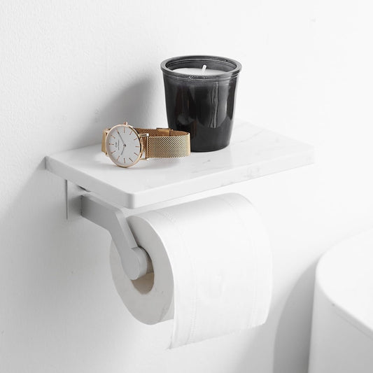 Hoimpro Brushed Silver Aluminum Toilet Paper Holder with White Natural Marble Shelf, Wall Mounted Tissue Hand Paper Roll Storage Holder for Bathroom Kitchen Washroom Bedroom