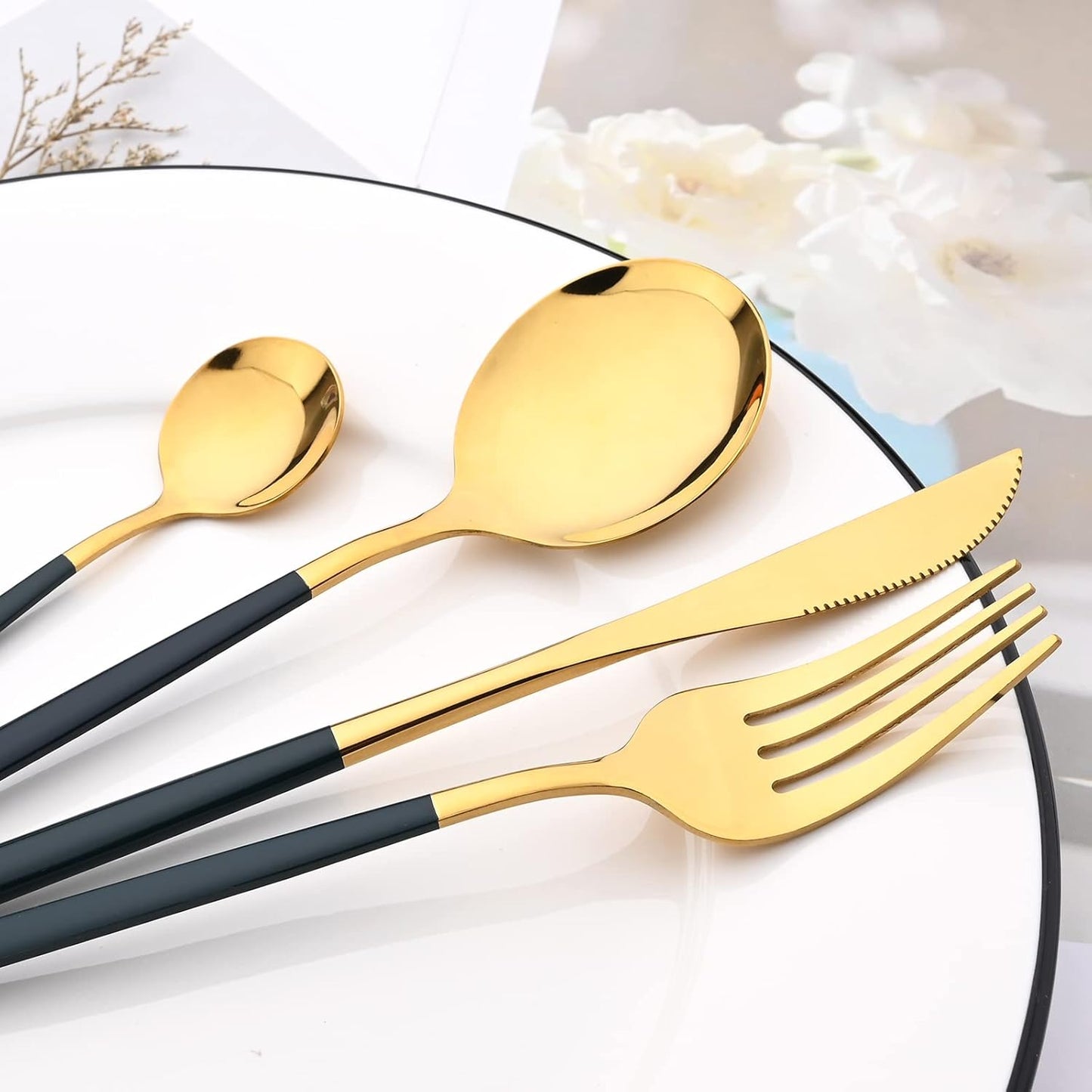 Mirror Cutlery Serving Set, 24-piece 18/0 Stainless Steel Silverware With Green Handle Simple & Modern Tableware For Home Party Restaurant Christmas Dinner, Service For 6 (Green Gold)