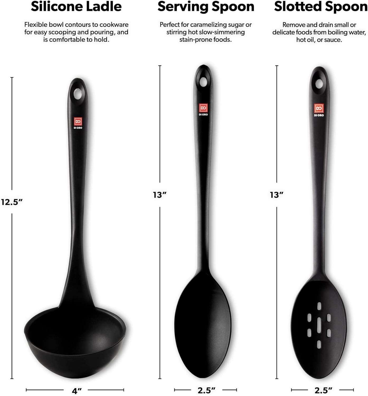DI ORO Silicone Ladle & Spoons for Cooking – Large Kitchen Spoons for Mixing, Serving, & Stirring - Soup Ladle with Wide Bowl - High Heat Silicone Kitchen Utensils for Nonstick Cookware Safe (Black)