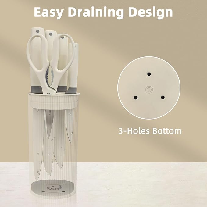 Kuisine Premium kitchen Knife Set with block,High Carbon Stainless Steel Forged,Ergonomic Non-slip Handle Knife Block Set(6PCS,Ivory)