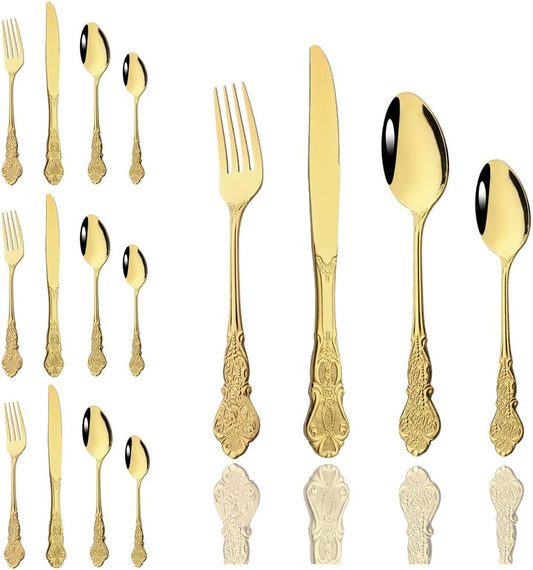JASHII Palace Gold Silverware Set 24 Piece Family Dinnerware Set Flatware Set for 6 Silver Tableware Set Great for Family Gatherings & Daily Use-Spoons, Knives, Teaspoons, Forks (Gold）