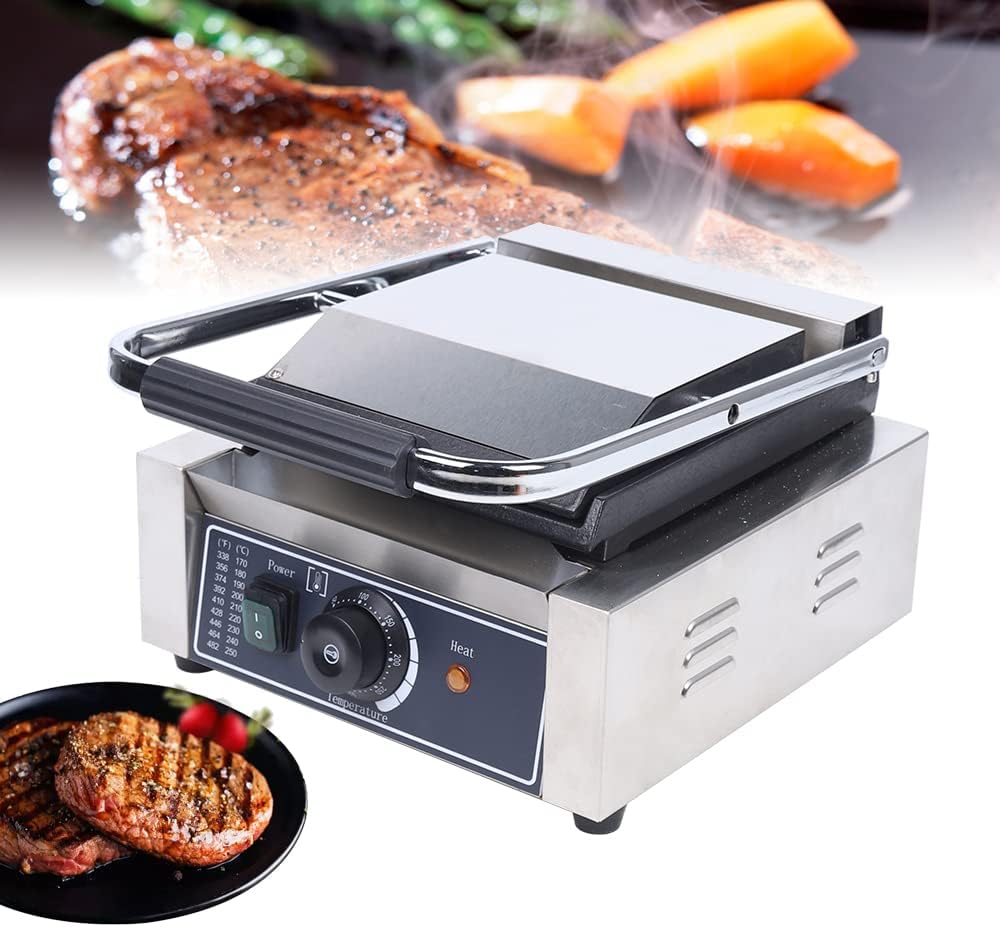 Commercial 1800W Panini Press Grill, Dual-Sided Electric Griddle Machine with Non-Stick Surfaces, Adjustable Temperature Control, Opens 180°, Stainless Steel Sandwich Maker