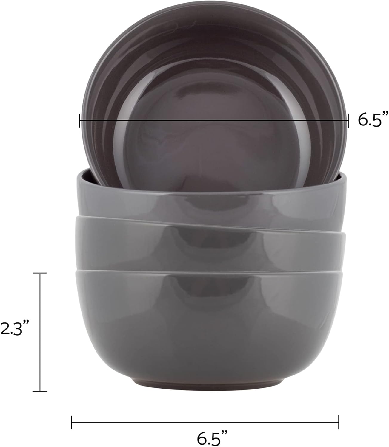 Elanze Designs Bistro Glossy Ceramic 6.5 inch Dinnerware Bowls Set of 4 - Perfect for Everyday uses from Soup, Pasta, Salad, Cereal, Ice cream, Ramen and Pho, Charcoal Grey