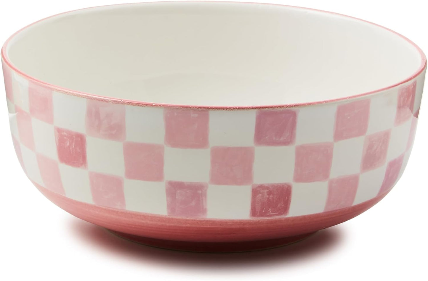 MACKENZIE-CHILDS Stoneware Serving Bowl, Large Decorative Bowl, 14-Cup Capacity, Pink Check