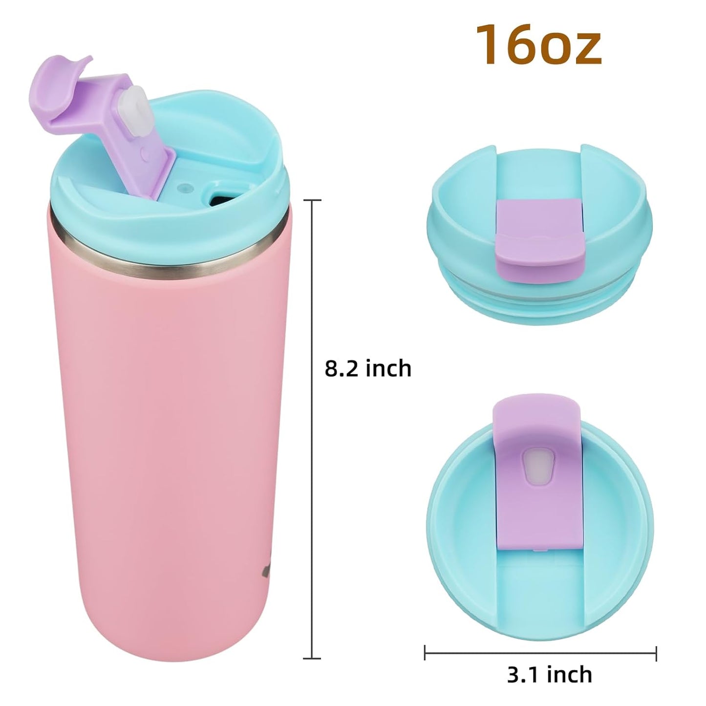 Tumbler with Lid, 16 oz Travel Coffee Mug Double Wall Vacuum Stainless Steel Thermal Metal Cup Insulated Water Bottle,Pink