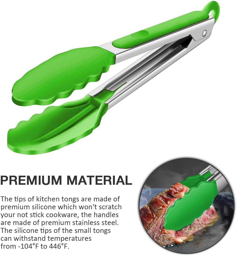 Small Silicone Serving Tongs Set of 3, Mini Tongs (7 inch) with Silicone Tips and Stainless Steel Handle, Great for Salads, Steaks, Vegetables