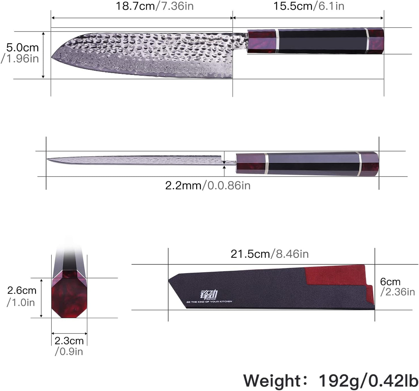 FINDKING Eternity Series Japanese Santoku Knife with ABS sheath, Professional Kitchen Knife, 9Cr18MoV Damascus Steel Blade, Resin Octagonal Handle, for Meat, Fruits, Vegetables, 7 Inches